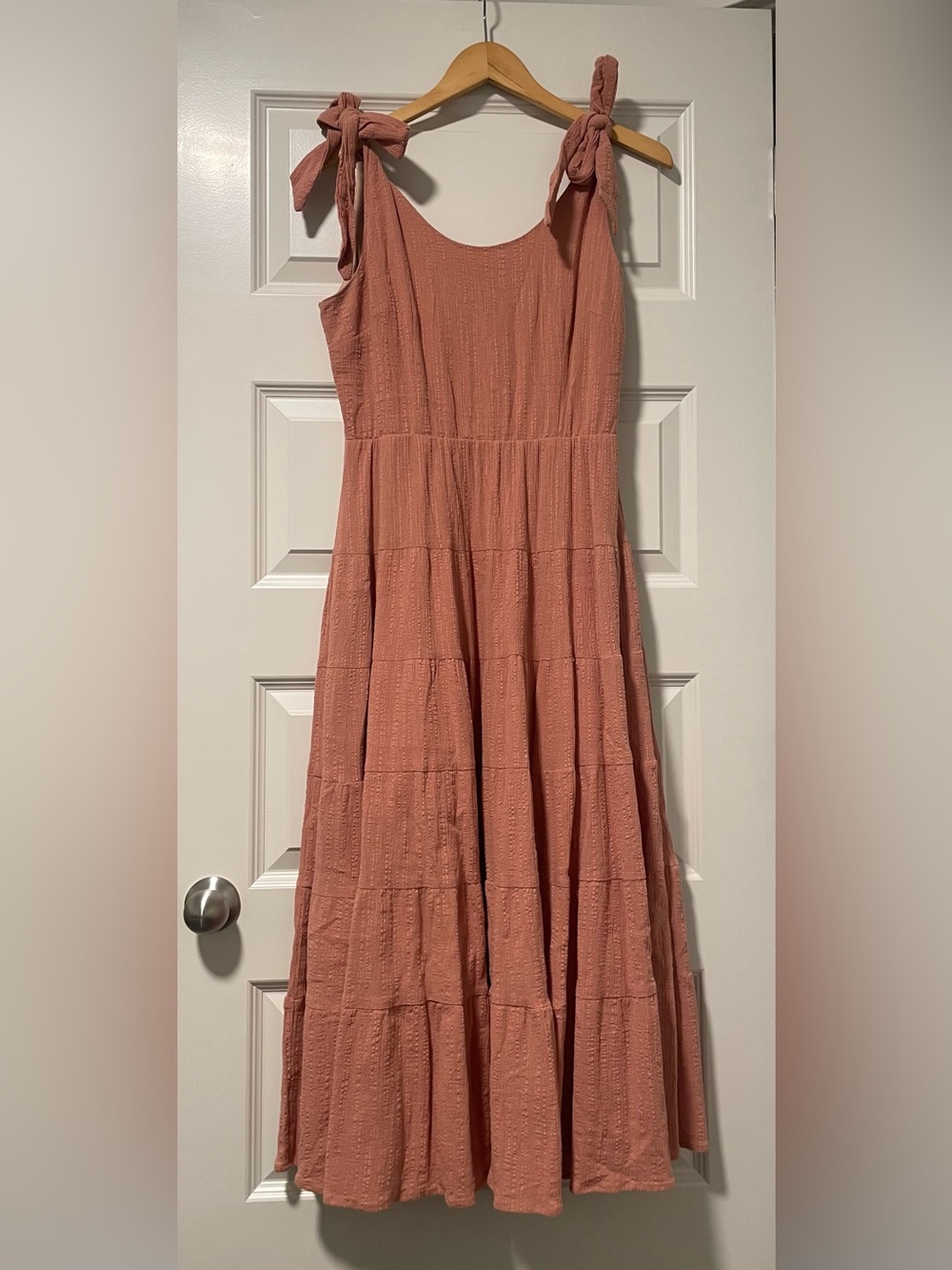 Women's Tiered Maxi Dress with Bow Straps in Dusty Rose